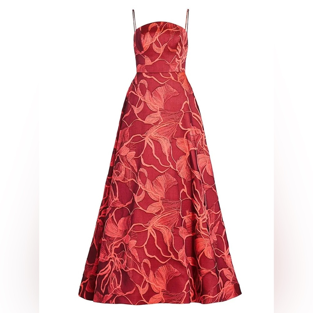 Amsale New Italian Fluorescent Floral Jacquard Gown In Coral Black Size 14 - Picture 6 of 16